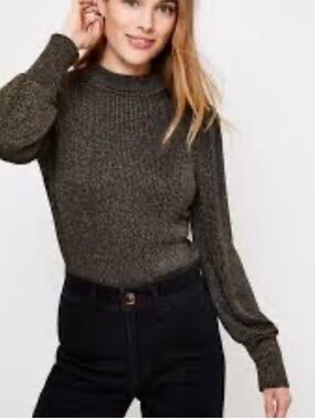 LOFT Black & Gold  Metallic Thread Shimmery Mock Turtleneck Sweater L NWOT